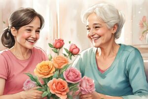 Grandmother with granddaughter enjoying Mothers Day flowers