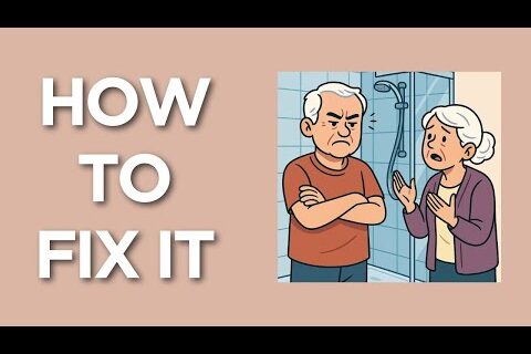 Elder couple standing near shower