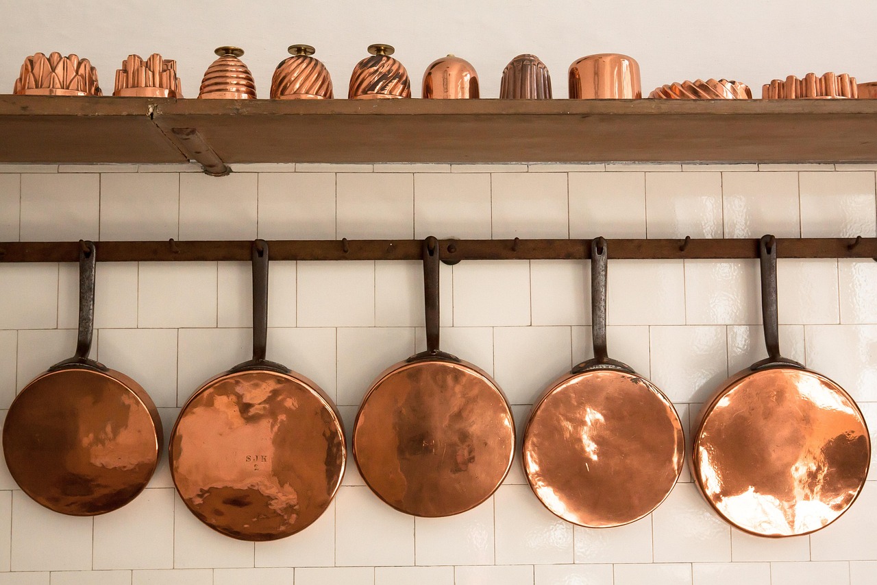 pans, copper, old, baking molds, antique, kitchen, georgian style, tiles, white, mansion, copper, copper, copper, copper, copper